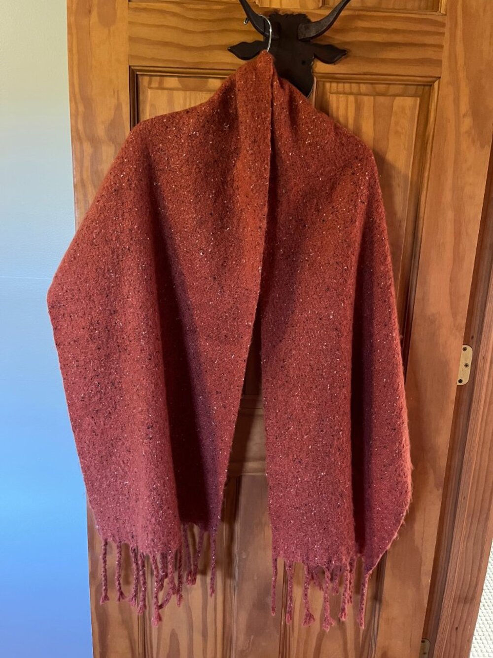 American Eagle Rust Orange Speckled Tweed Knit Fringe Scarf Oblong 19"x84"